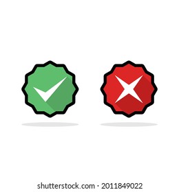 Check and wrong marks, Tick and cross marks, Accepted,Rejected, Approved,Disapproved, Right,Wrong, Correct,False - vector mark symbols in green and red. Black stroke and shadow design. Isolated icon.