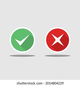 Check and wrong marks, Tick and cross marks, Accepted,Rejected, Approved,Disapproved, Right,Wrong, Correct,False - vector mark symbols in green and red. White stroke and shadow design. Isolated icon.