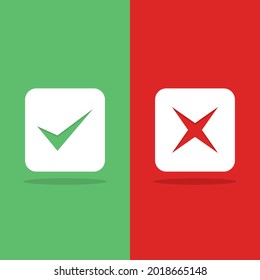 Check and wrong marks, Tick and cross marks, Accepted,Rejected, Approved,Disapproved, Right,Wrong, Correct,False - vector mark symbols in green and red. Isolated icon.