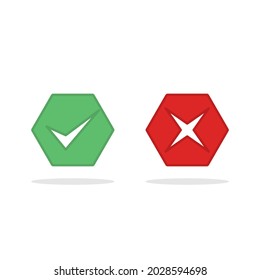 Marcas y marcas erróneas, Marcas y marcas, Aceptadas, Rechazadas, Aprobadas, Desaprobadas, Correctas, Equivocadas, Correctas, Falsas - símbolos vectoriales en verde y rojo. Icono aislado.