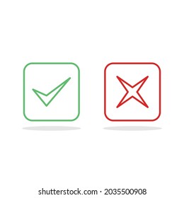 Check and wrong marks, Tick and cross marks, Accepted,Rejected, Approved,Disapproved, Right,Wrong, Correct,False - vector mark symbols in green and red. Isolated icon.