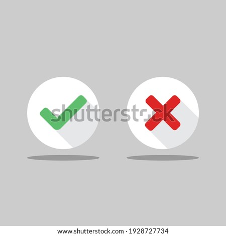 Check and wrong marks, Tick and cross marks, Accepted,Rejected, Approved,Disapproved, Right,Wrong, Correct,False - vector mark symbols in green and red. Isolated icon.