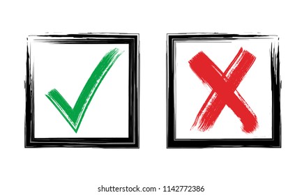 Check and X grunge hand drawn marks. Accepted and rejection signs in square brush border vector illustration