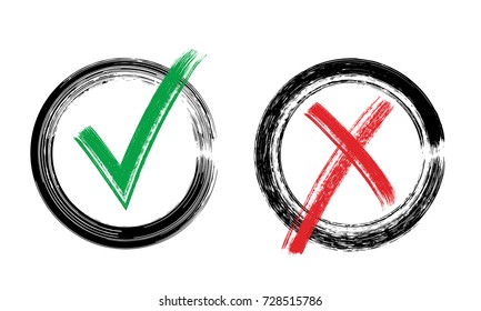 Check and X grunge hand drawn marks. Accepted and rejection signs in circle brush border vector illustration