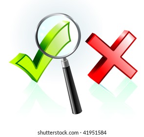 Check and X mark under magnifying glass