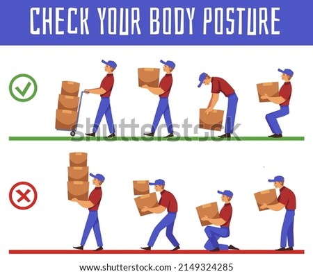Check your body posture for carrying heavy weights and loads, flat vector illustration isolated. Safety manual handling and transportation of cargo concept.