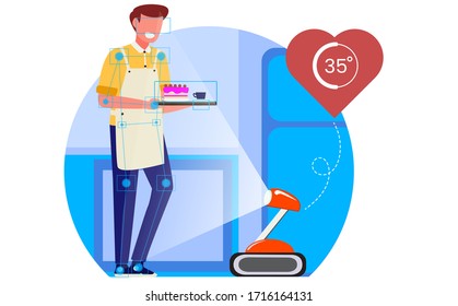 Compruebe la temperatura corporal antes de entrar en un área pública con la ayuda de un escáner de robots para detectar el virus covid-19. conceptos modernos de diseño de ilustraciones vectoriales planas