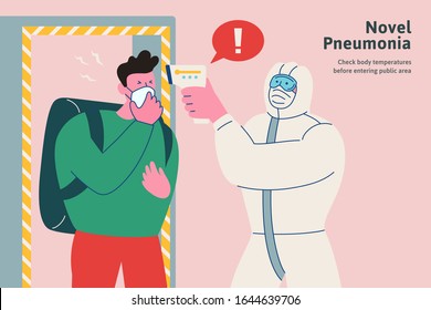 Check your body temperatures before entering public area during this period, novel pneumonia flat style , COVID-19 illustration