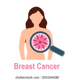 Check your breast. Woman with magnifying glass on her chest. Breast cancer awareness month concept vector illustration on white background.