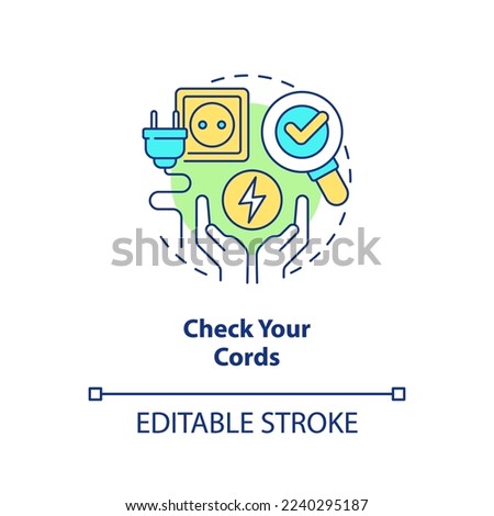 Check your cords concept icon. Electricity plug. Energy efficiency at home abstract idea thin line illustration. Isolated outline drawing. Editable stroke. Arial, Myriad Pro-Bold fonts used