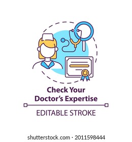 Check your doctor expertise concept icon. General practitioner with diploma. Professional aid. Family doctor idea thin line illustration. Vector isolated outline RGB color drawing. Editable stroke