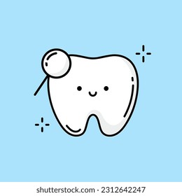 Comprueba tus dientes. Diente con lupa. Odontología limpios de dientes blancos e instrumentos odontológicos.Higiene oral, limpieza de dientes. Un diente de dibujos animados lindo lleva la lupa para comprobar el problema de la decadencia