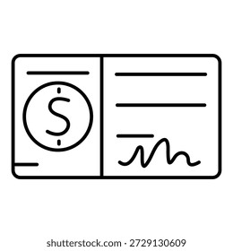 Libreta de cheques con signo de dólar en el lado izquierdo y línea de firma en el lado derecho. Icono lineal de Vector, fondo blanco negro.