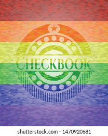 Checkbook emblem on mosaic background with the colors of the LGBT flag