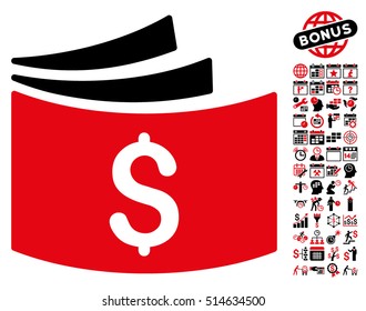 Checkbook icon with bonus calendar and time management elements. Vector illustration style is flat iconic bicolor symbols, intensive red and black colors, white background.