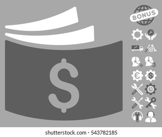 Checkbook icon with bonus tools pictogram. Vector illustration style is flat iconic bicolor symbols, dark gray and white colors, silver background.