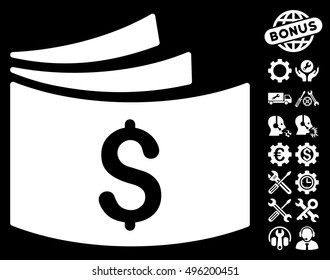 Checkbook icon with bonus tools pictograph collection. Vector illustration style is flat iconic symbols, white color, black background.