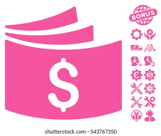 Checkbook icon with bonus tools pictures. Vector illustration style is flat iconic symbols, pink color, white background.