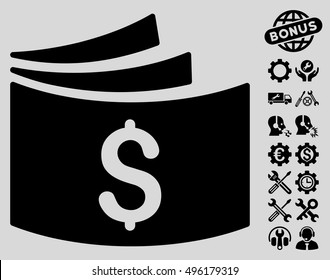 Checkbook icon with bonus tools icon set. Vector illustration style is flat iconic symbols, black color, light gray background.