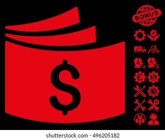 Checkbook icon with bonus tools icon set. Vector illustration style is flat iconic symbols, red color, black background.