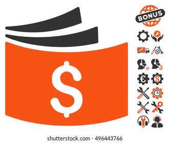 Checkbook icon with bonus tools symbols. Vector illustration style is flat iconic bicolor symbols, orange and gray colors, white background.