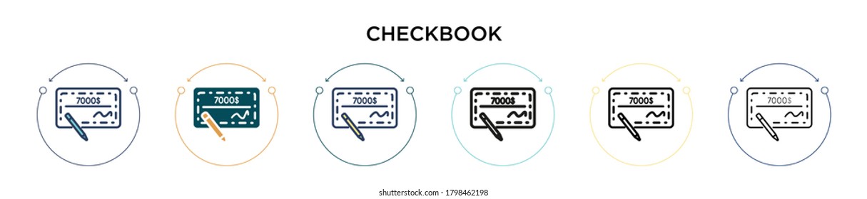 Checkbook icon in filled, thin line, outline and stroke style. Vector illustration of two colored and black checkbook vector icons designs can be used for mobile, ui, web
