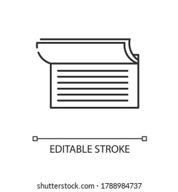 Checkbook linear icon. Document for commerce. Payroll for payment. Write cheque. Business tax. Thin line customizable illustration. Contour symbol. Vector isolated outline drawing. Editable stroke