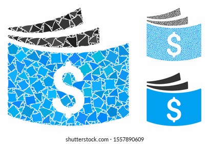 Checkbook mosaic of humpy pieces in various sizes and color tinges, based on checkbook icon. Vector raggy pieces are organized into illustration. Checkbook icons collage with dotted pattern.