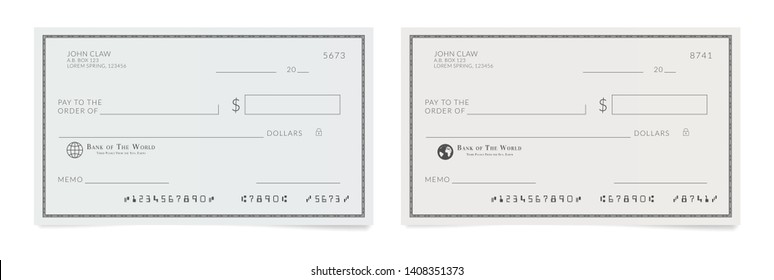 Checkbook Page. Bank Check Template. Blank Cheque