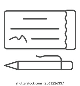 Checkbook paper bill and pen thin line icon, bank account concept. Vector graphics. Check with person identity signature sign on white background, outline style icon for mobile or web design