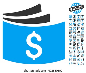 Checkbook pictograph with bonus calendar and time management pictures. Vector illustration style is flat iconic bicolor symbols, blue and gray colors, white background.