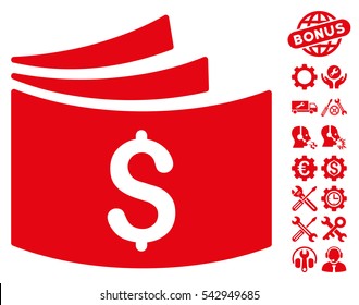 Checkbook pictograph with bonus tools clip art. Vector illustration style is flat iconic symbols, red color, white background.