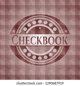 Checkbook red emblem or badge with abstract geometric polygonal pattern background. Seamless.