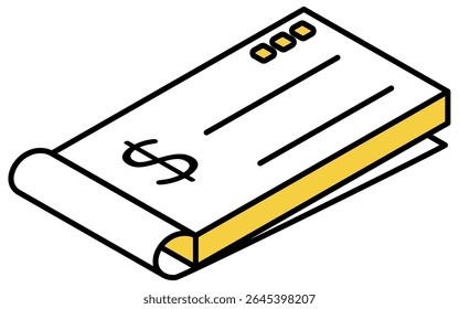 Ícone de desenho de linha simples do livro de cheques, ilustração isométrica do método de pagamento tradicional e documentação financeira, Ilustração de vetor