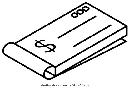 Ícone de desenho simples de linha do caderno, ilustração isométrica do método de pagamento tradicional e documentação financeira, preto e branco, Ilustração de vetor