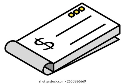 Icono de dibujo de línea simple de chequera, ilustración isométrica del método de pago tradicional y la documentación financiera, Ilustración vectorial
