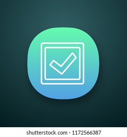 Checkbox app icon. UI/UX user interface. Check box. Checkmark. Voting. Verification and validation. Approved. Web or mobile application. Vector isolated illustration