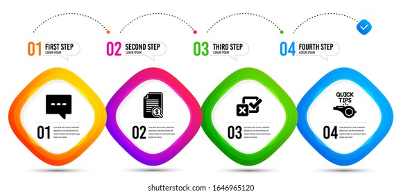 Checkbox, Blog and Financial documents icons simple set. Timeline infographic. Tutorials sign. Survey choice, Chat message, Check docs. Quick tips. Education set. Vector