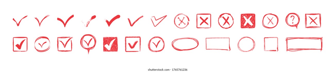 Checkbox chalk icon, sketch checkmark. Doodle check marks. Check signs sketch, voting agree checklist mark or examination task list. Hand drawn tick V X yes no ok sign. Vector illustration, eps 10.