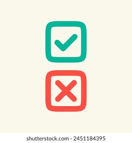 Checkbox checkmark square icon. Confirm true and false check mark, right wrong icon. Stock vector illustration isolated on white background.