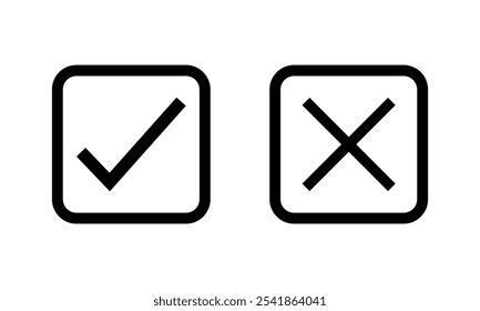 Checkbox checkmark square icon vector or confirm false true check mark pictogram graphic clipart, right wrong marker felt tip pen hand drawn set, cross and tick survey choice element design. Eps 10.