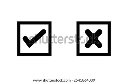 Checkbox checkmark square icon vector or confirm false true check mark pictogram graphic clipart, right wrong marker felt tip pen hand drawn set, cross and tick survey choice element design. Eps 10.