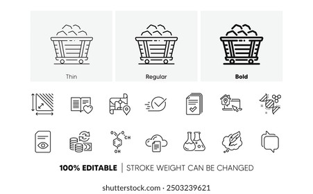 Checkbox, Chemistry lab and Messenger line icons. Pack of Change money, Handout, Triangle area icon. Chemistry dna, Work home, Chemical formula pictogram. Map, Copyright chat, Coal trolley. Vector