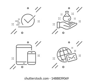 Checkbox, Chemistry lab and Mobile devices line icons set. World mail sign. Approved, Laboratory, Smartphone with tablet. Chat. Technology set. Line checkbox outline icon. Vector