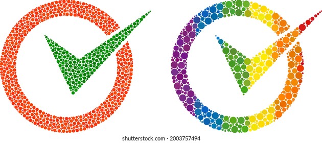 Checkbox circle collage icon of circle spots in various sizes and rainbow colored color tints. A dotted LGBT-colored checkbox circle for lesbians, gays, bisexuals, and transgenders.