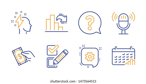 Checkbox, Cogwheel and Brainstorming line icons set. Microphone, Decreasing graph and Question mark signs. Pay money, Calendar graph symbols. Survey choice, Engineering. Education set. Vector