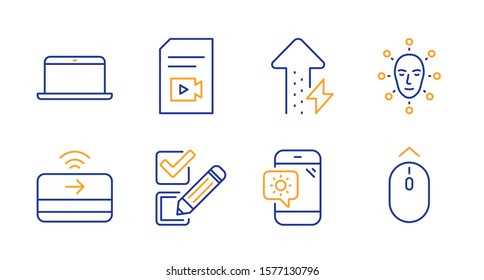Checkbox, Contactless payment and Energy growing line icons set. Face biometrics, Weather phone and Laptop signs. Video file, Swipe up symbols. Survey choice, Financial payment. Vector
