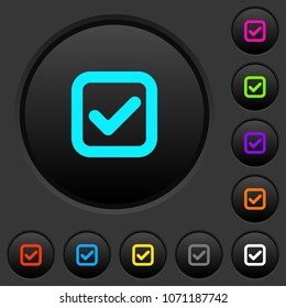 Checkbox dark push buttons with vivid color icons on dark grey background