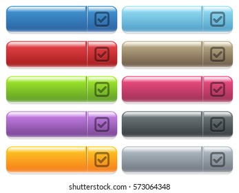 Checkbox engraved style icons on long, rectangular, glossy color menu buttons. Available copyspaces for menu captions.