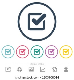 Checkbox flat color icons in round outlines. 6 bonus icons included.